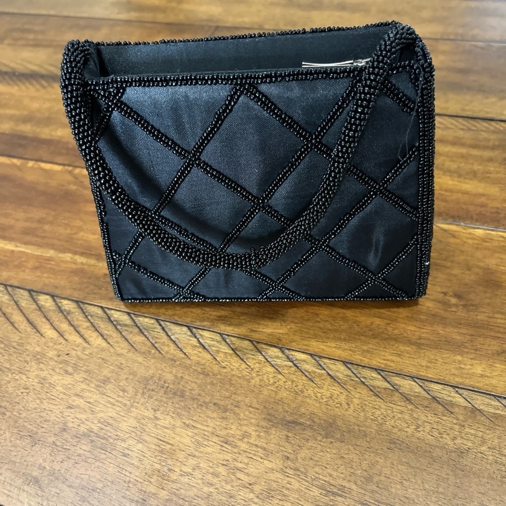 Unbranded Black Beaded Satin Evening Bag Diamond Quilted Formal Clutch Purse